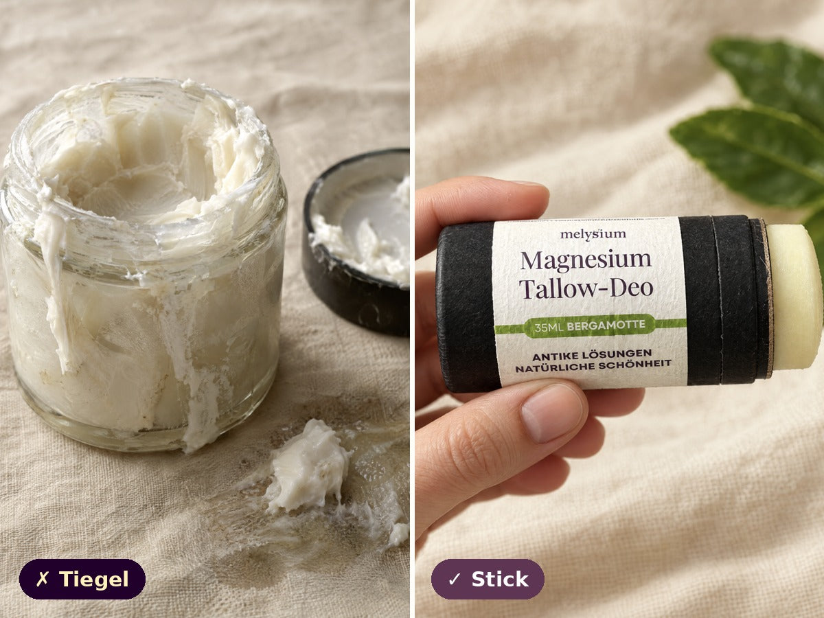Verschmierter Tiegel neben sauberem Deo-Stick