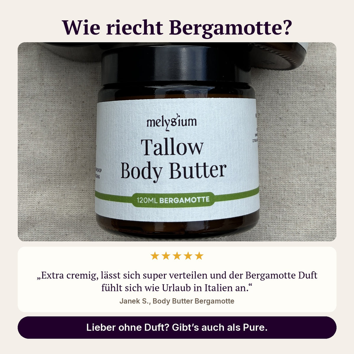 Wie riecht Bergamotte? Kundenbewertung von Janek S.: der Bergamotte Duft fühlt sich wie Urlaub in Italien an. Auch als Pure ohne Duft erhältlich.