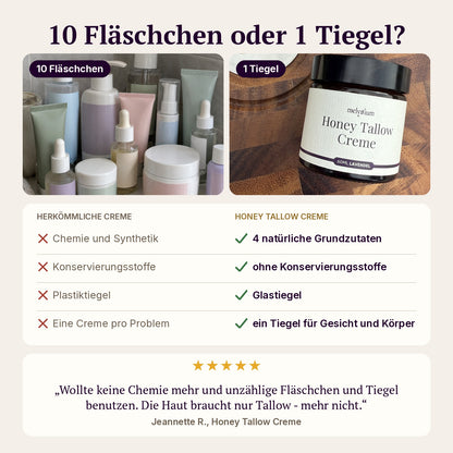 10 Fläschchen oder 1 Tiegel: herkömmliche Pflege im Vergleich zur Honey Tallow Creme mit 4 natürlichen Grundzutaten, ohne Konservierungsstoffe, im Glastiegel.
