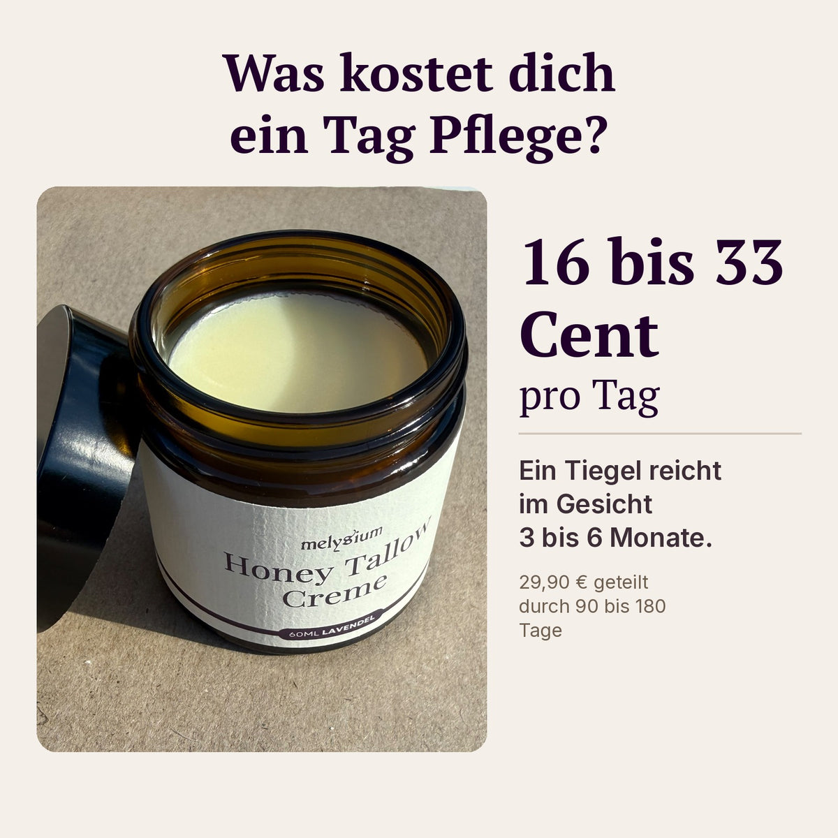 Was kostet ein Tag Pflege? 16 bis 33 Cent: ein Tiegel Honey Tallow Creme reicht im Gesicht 3 bis 6 Monate.