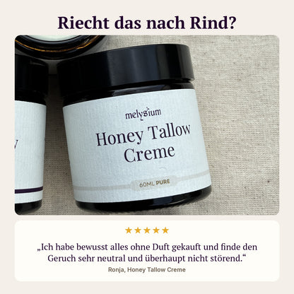 Riecht das nach Rind? Kundenbewertung von Ronja zur Honey Tallow Creme Pure: Ich habe bewusst alles ohne Duft gekauft und finde den Geruch sehr neutral und überhaupt nicht störend.