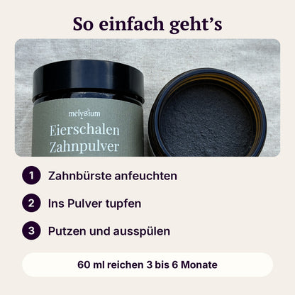 So einfach geht das Zahnpulver: Zahnbürste anfeuchten, ins Pulver tupfen, putzen und ausspülen. 60 ml reichen 3 bis 6 Monate.